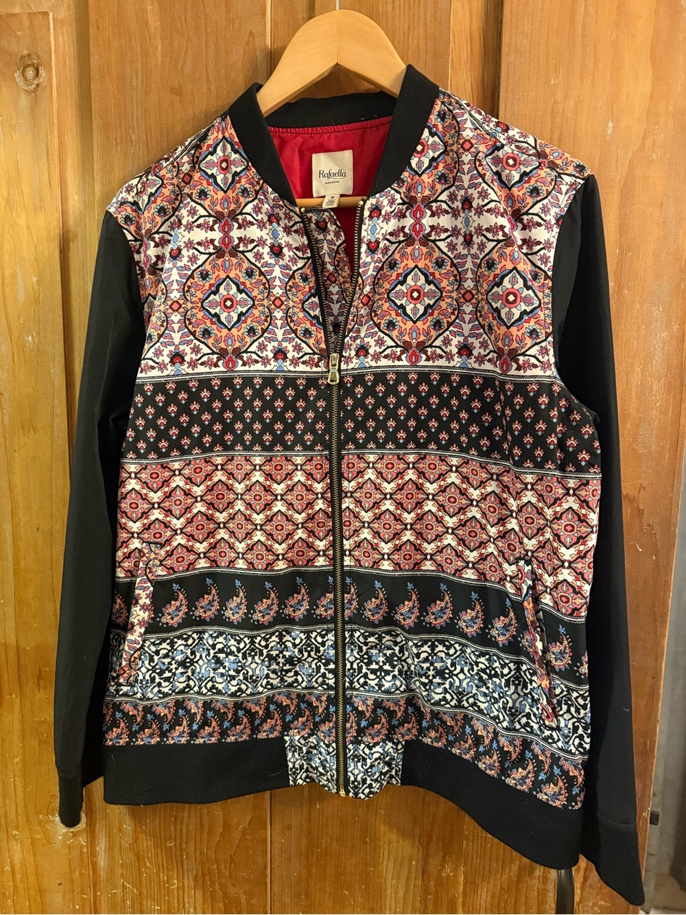 Rafaella Black Bomber Jacket with Red & Cream Medallion Print
